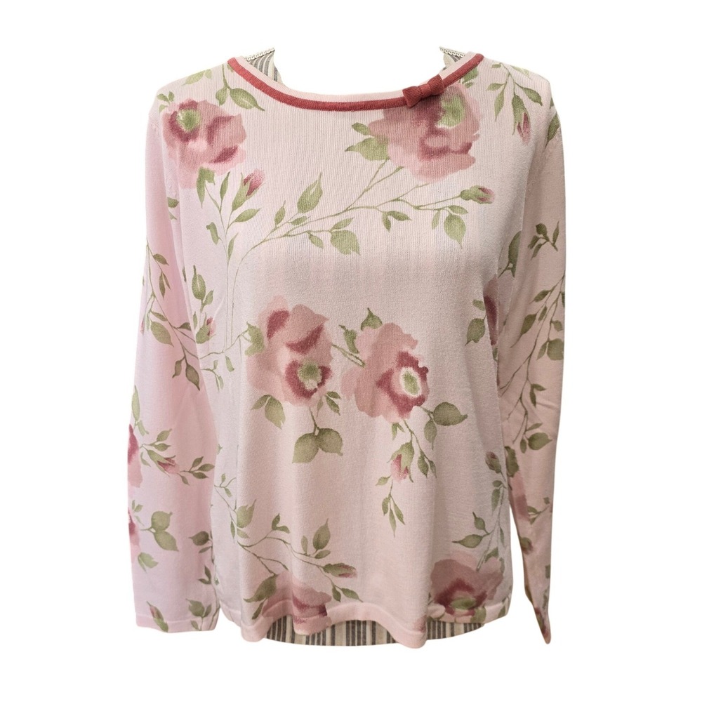 Emma James Pink Floral Knit‎ Sweater Bow Romantic Garden Party Lrg Liz Claiborne